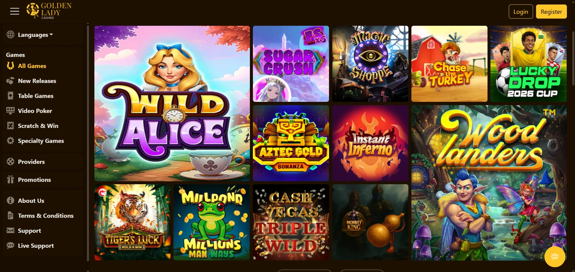 Golden Lady game lobby with pokie thumbnails