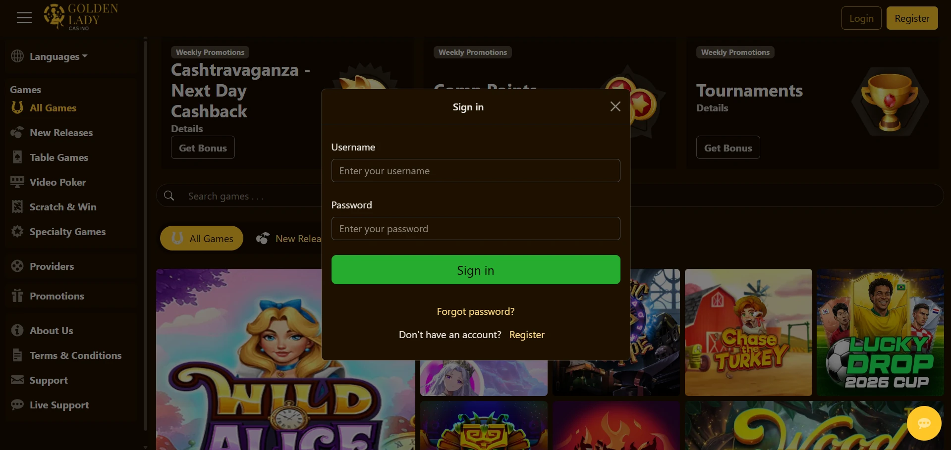 Our capture of the Golden Lady sign-in screen, taken while checking the lobby